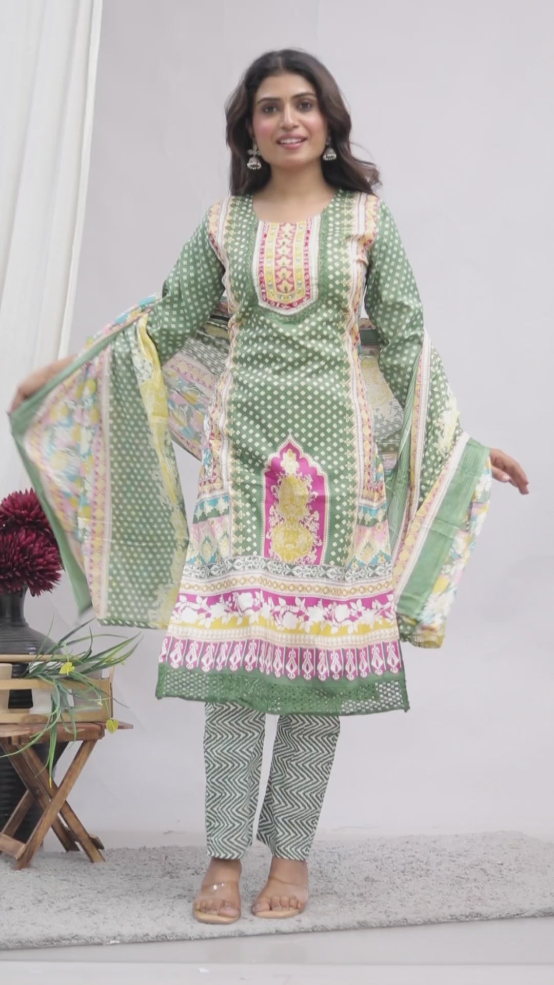 Indian Ethnic Salwar Suit Set, Cotton Kurta Pant Dupatta Set, Straight Line Traditional Pakistani Style Suit