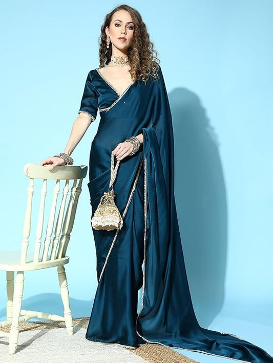 Women's Saree Ready To Wear Saree with unstitched Blouse -Teal Blue